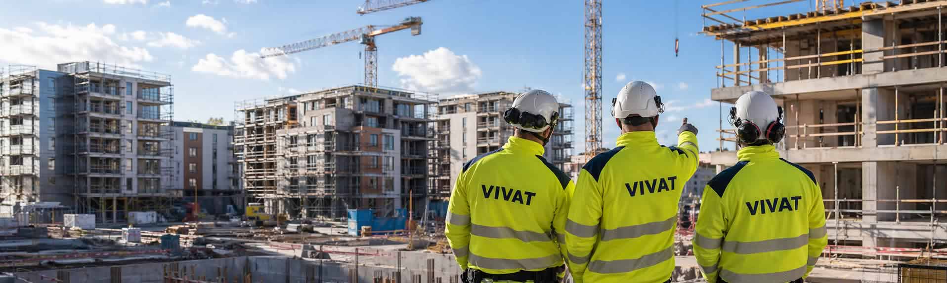 Vivatin työntekijät työmaalla katselemassa rakenteilla olevaa asuinaluetta